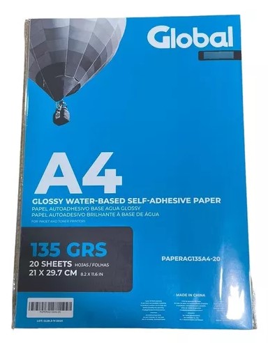 GLOBAL PAPERAG135A4-20 - RESMA x 20 HOJAS - DE PAPEL A4 (210 x 297 mm.) FOTOGRAFICO AUTOADHESIVO BRILLANTE BASE AGUA 135 GR